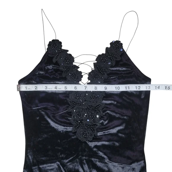 Topshop Lace Up Velvet Bodysuit Womens 4 Black Fairy Goth Floral Applique Dark - Picture 10 of 11